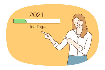 Smiling woman point at line with year loading process wait for end. Happy girl show panel with load. Planning future and forecasting. Time flow concept. New Year resolution. Vector illustration. 