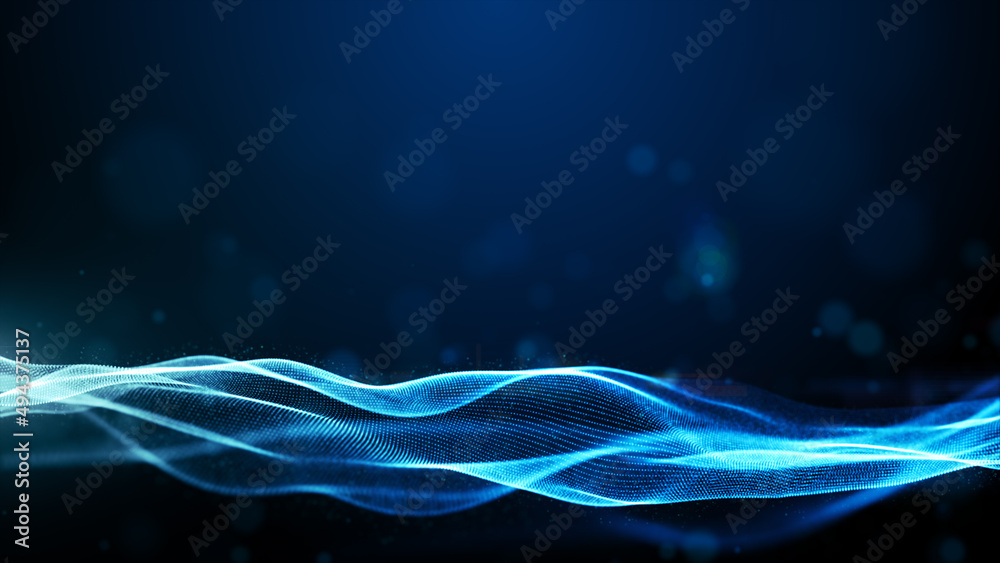 Aufkleber Digital particles blue color wave flow and lights with bokeh, Technology cyberspace digital connection abstract background concept. 3d rendering