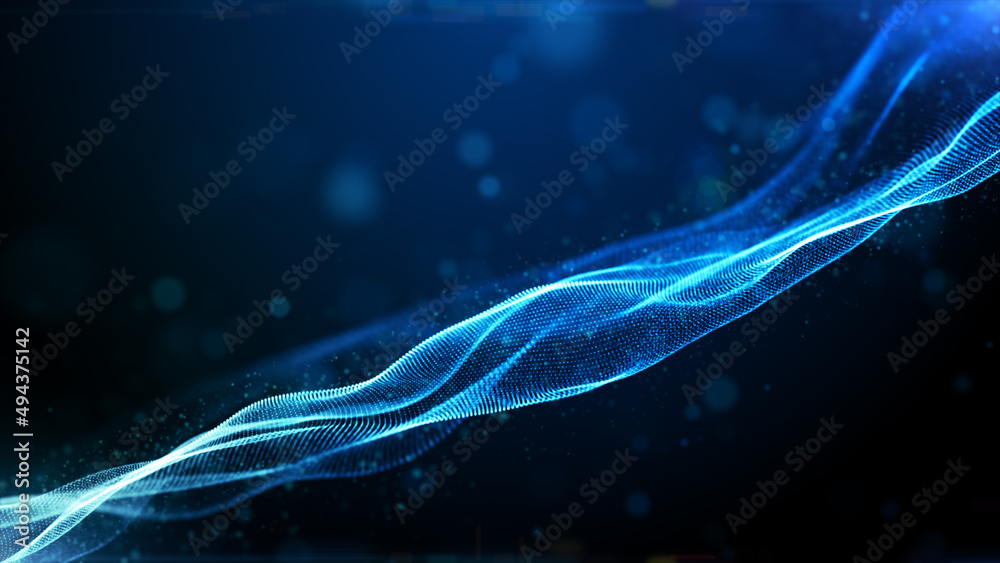Aufkleber Digital particles blue color wave flow and lights with bokeh, Technology digital cyberspace digital connection abstract background concept. 3d rendering