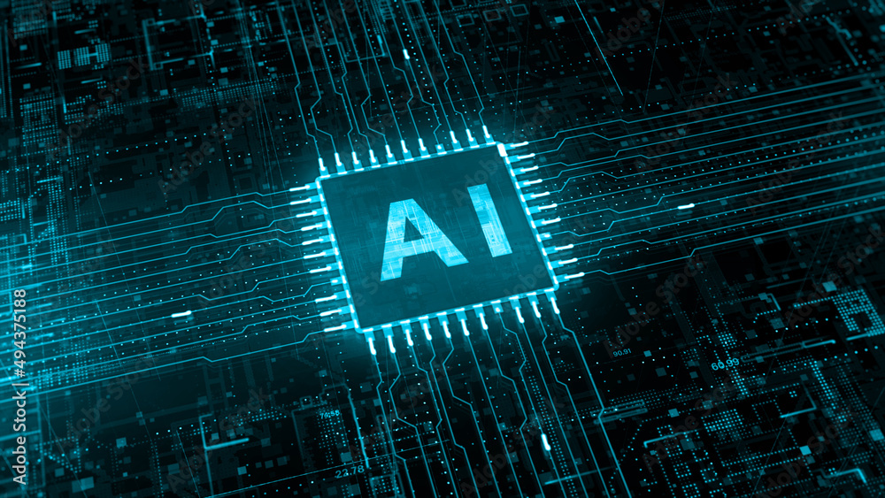Poster artificial intelligence ai on circuit board. future technology concept visualization. big data trans