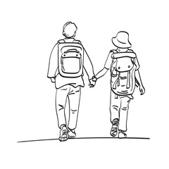 Couple in love enjoying traveling illustration vector hand drawn isolated on white background line art.