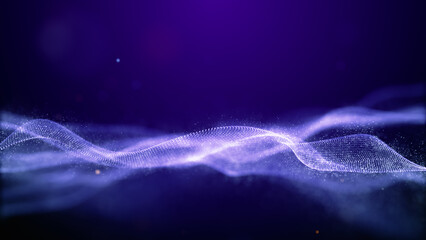 Digital Purple particles, Wave smooth flowing with lighting abstract background, Digital cyberspace. 3d rendering