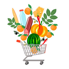 Grocery cart with watermelon,pumpkin,oranges,bread,cheese,milk,sausage,isolated on a white background.Vector illustration for shops, retail outlets,supermarkets.