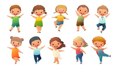 Set of Little Boy and Little girl preschooler. Person in summer clothes. Cute child. Cheerful funny kid. Baby joy. Cartoon style illustration. Flat design. Isolated on white background. Vector