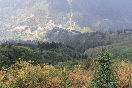 forest covered himalayan foothills and mountain village mane bhanjang from simana basti view point, at nepal india border, darjeeling, west bengal, india