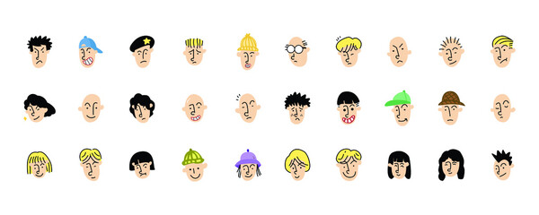 set of various head for profil picture or avatar. cute human character for emoticon. hand drawn vector illustration design. head of people in diversity © freeject.net