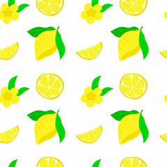 Seamless pattern of bright lemons, hand-drawn elements. Summer. Yellow lemons with leaves and flowers on white background. Suitable for textiles and packaging.