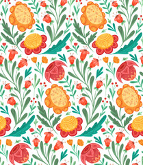 Seamless vector pattern with flowers with folk arts on white background. Texture with floral ornaments with naive decorations