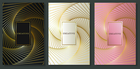 Abstract geometric gold on black, platinum and pink background. Luxury cover set with gold guilloche lines, spiral shape.