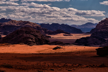 Fototapeta na wymiar An outstanding desert-mountain landscape. Wadi Rum Protected Area, Jordan.