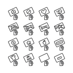 Hand holding sign donation and stop war flat line icons collection. simple design vector.