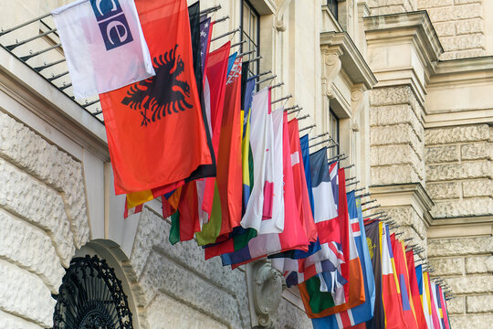 The flags of Organization for Security and Co-operation in Europe countries near headquarters of OSCE in Vienna, Austria