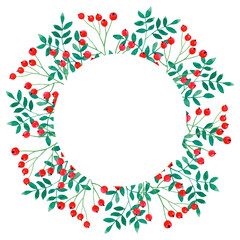 Round frame with cranberry sprigs and greenery, hand-painted in watercolor, isolated on white background. Berry frame for greeting cards, invitations.