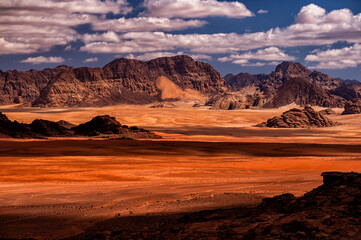 An outstanding desert-mountain landscape. Wadi Rum Protected Area, Jordan.