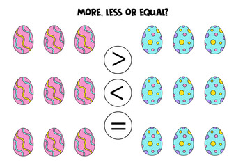 More, less, equal with cartoon Easter eggs.