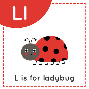 Learning English alphabet for kids. Letter L. Cute cartoon ladybug.