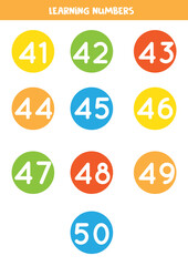 Learning numbers cards from 41 to 50. Colorful flashcards.