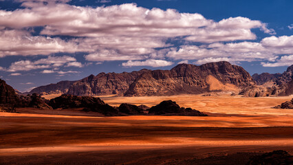 An outstanding desert-mountain landscape. Wadi Rum Protected Area, Jordan.