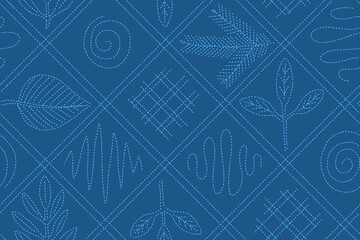 Seamless pattern sashiko hand stitch from stripes and outlines of leaves.