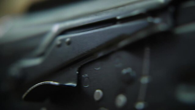 Guns close-up. Metal parts of military equipment.
