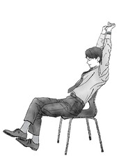 椅子に座って、伸びをしながらストレッチをする男性の水彩手描きイラスト（眼鏡なし・モノクロバージョン）