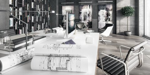 Contemporary Penthouse Workspace Environment - panoramic black & white 3D Visualization