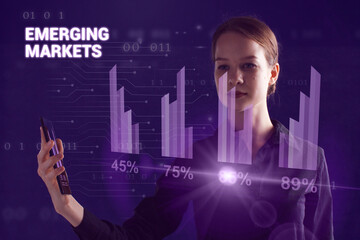 Business, technology, internet and network concept. Young businessman thinks over the steps for successful growth: Emerging markets