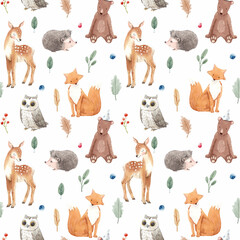 Beautiful seamless pattern with cute watercolor hand drawn wild forest animals deer hedgehog fox owl bear. Stock illustration.