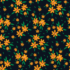 Naklejka na ściany i meble Simple floral print, seamless pattern with small yellow flowers, leaves on a dark field. Botanical background, cute floral surface with tiny hand drawn plants. Vector illustration.