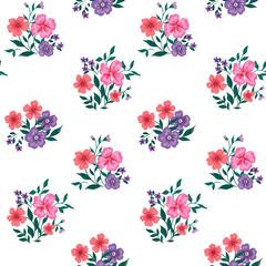 Cute floral print with small islands of hand-drawn plants on a light field. Spring seamless pattern, romantic botanical background with pink flowers, various leaves, grass. Vector illustration.