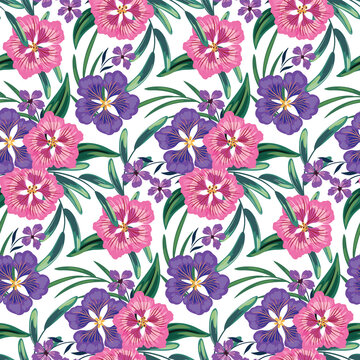 Seamless floral pattern with bouquets of tropical plants, leaves on a light background. Spring, summer print, botanical surface with pink hand drawn flowers, lush foliage. Vector illustration.