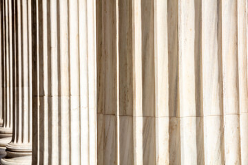 Pillar column white marble. Justice building, court entrance colonnade, close up view