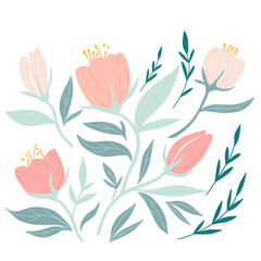 Tulip, modern colorful drawing. A set of simple spring flowers.