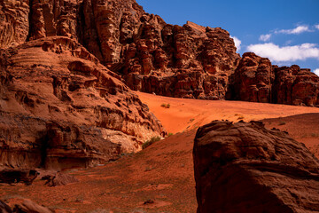 An outstanding desert-mountain landscape. Wadi Rum Protected Area, Jordan.