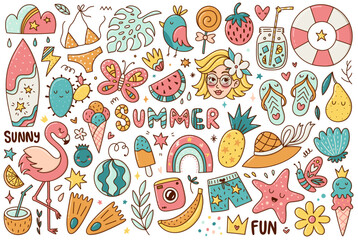 Fototapeta premium Summer doodles clipart set, vector season funny elements