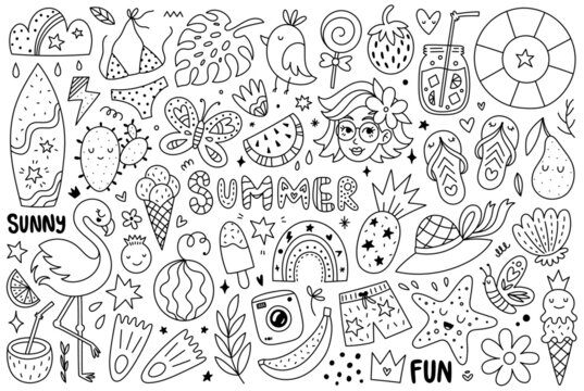 Summer doodles clipart set, vector season funny elements