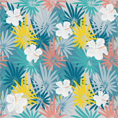 Tropical floral foliage palm leaves seamless pattern
