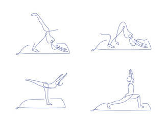 Pilates line art poses set. outline vector illustration. one line yoga poses collection. women make yoga and pilates.