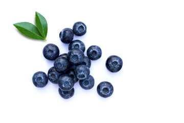 Group of fresh Blueberry fruit with green leaves isolated on white background. Top view. Flat lay.