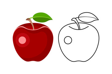 Red apple color cartoon illustration and simple outline. Vector fresh fruit and green leaf. Flat icon.