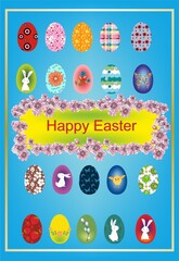 composition with easter eggs, flowers and bunnies for easter 