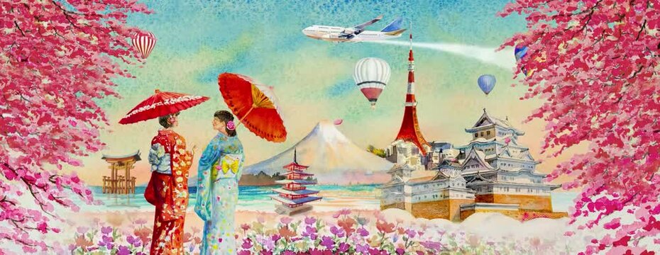 Landmarks Japan travel architecture with balloons and airplane to Tokyo with Japanese women in kimono spring sakura in the wind, Tour Japan with cherry blossom watercolor painting.
