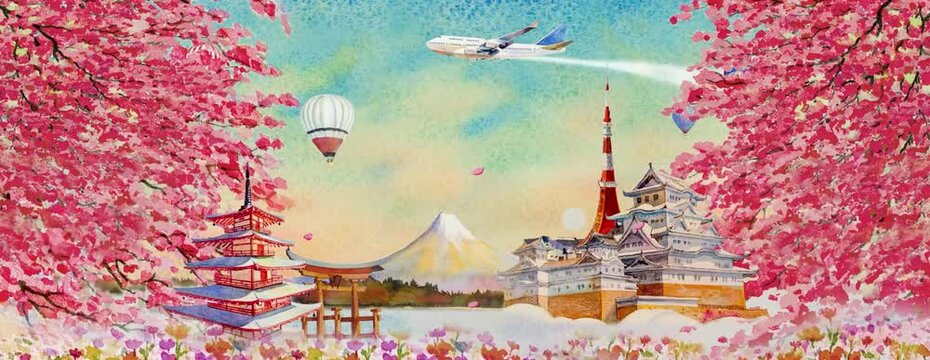 Travel ancient architecture landmarks Japan with panorama animation rendering to Tokyo with spring sakura in the wind, Watercolor painting tour landmarks Japan Kyoto with landscape background.