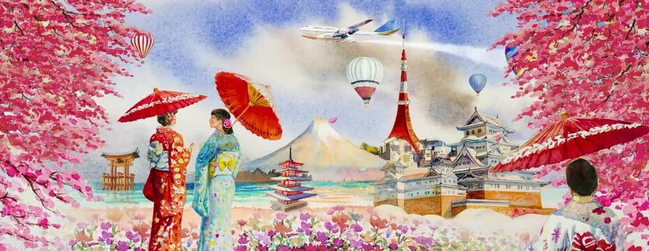 Travel landmark Japan with panorama animation rendering to Tokyo with Japanese lady in kimono and spring sakura in the wind, Watercolor painting tour landmarks Japan Kyoto with landscape background.