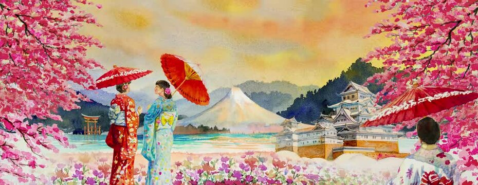 Travel landmark Japan with panorama animation rendering to Tokyo with Japanese lady in kimono and spring sakura, Watercolor painting tour landmarks Japan Kyoto with landscape background.