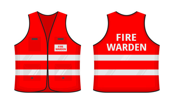 Safety reflective vest with label FIRE WARDEN tag flat style design vector illustration set. Red fluorescent security safety work jacket with reflective stripes. Front and back view uniform vest.