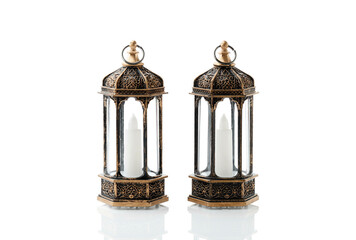 Ornamental Arabic lantern with burning candle glowing on white background. Festive greeting card © Ika Rahma
