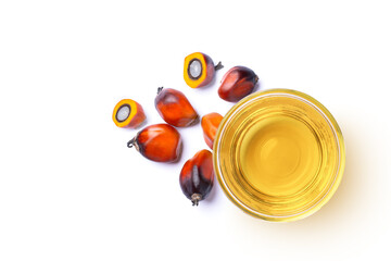 Palm oil in glass bowl and fresh palm fruit solated on white background. Top view. Flat lay.