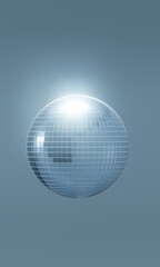 Fototapeta na wymiar 3D render of silver glowing and reflecting disco ball isolated on light blue background 
