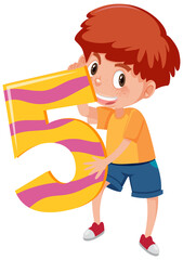 Student boy holding the number cartoon character isolated on white background